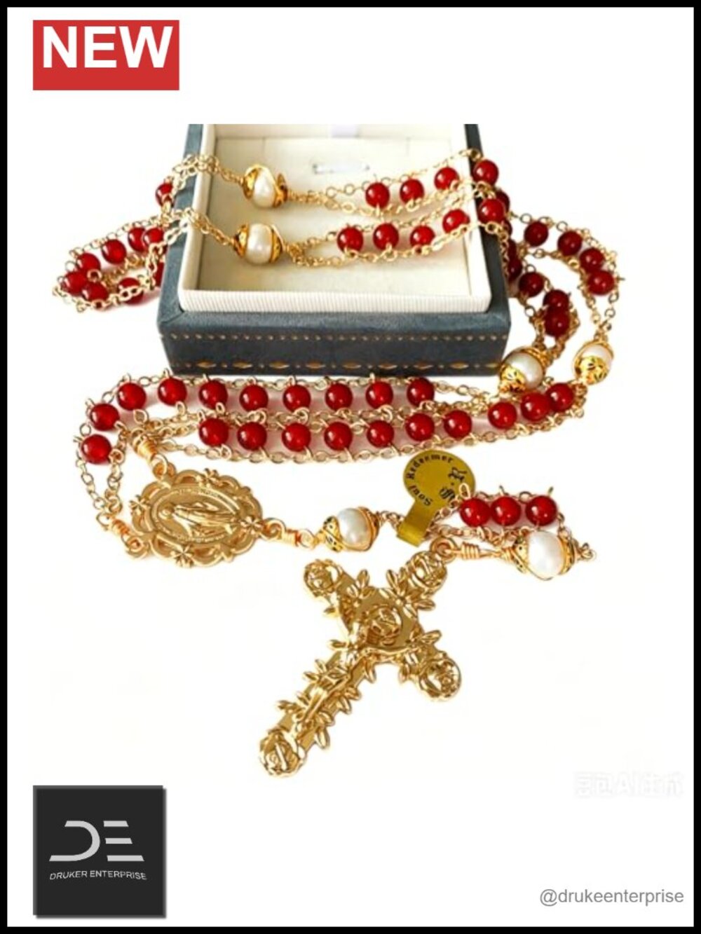 Handmade Red Agate Rosary Crucifix Natural Pearl Prayer Ladder Catholic Gift
